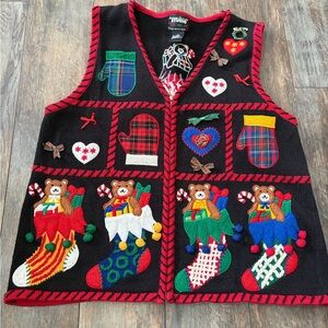 Designers Originals Studios Applique Holiday Christmas Teddy Bear Vest Sz L